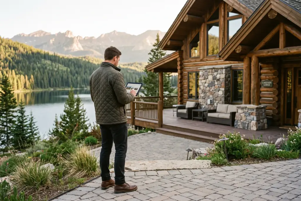 Investor reviewing documents outside a vacation rental cabin in a scenic mountain setting