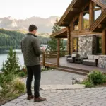 Investor reviewing documents outside a vacation rental cabin in a scenic mountain setting