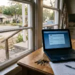 A short-term rental host reviewing an account notice on a laptop in a home office
