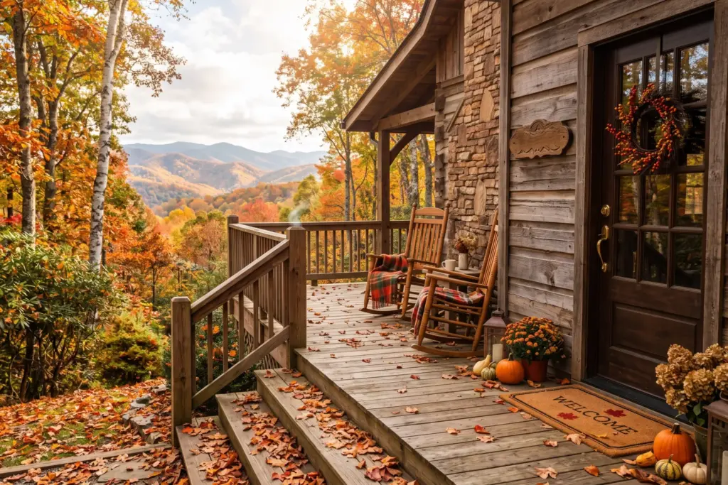 Autumn mountain cabin front porch with rocking chairs and fall leaves, representing the Airbnb checkout time challenge for hosts