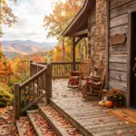 Autumn mountain cabin front porch with rocking chairs and fall leaves, representing the Airbnb checkout time challenge for hosts