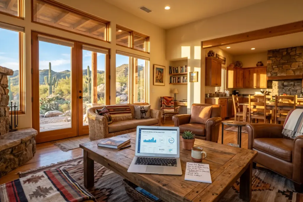 Laptop with STR analytics on a vacation rental coffee table representing co-hosting as an investor education strategy