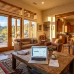 Laptop with STR analytics on a vacation rental coffee table representing co-hosting as an investor education strategy