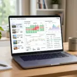 Laptop screen showing Airbnb AI pricing dashboard and multi-listing calendar for STR hosts