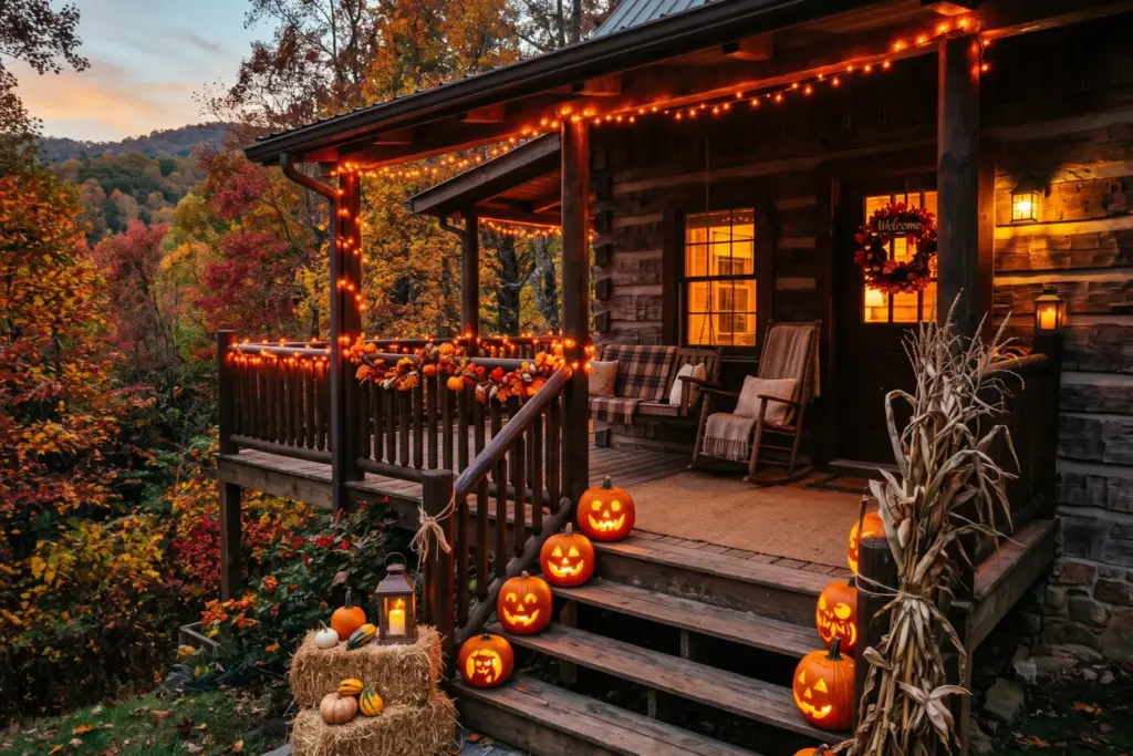 Halloween decorated cabin porch with carved pumpkins, orange lights, and fall foliage for STR hosts on October 31
