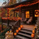 Halloween decorated cabin porch with carved pumpkins, orange lights, and fall foliage for STR hosts on October 31