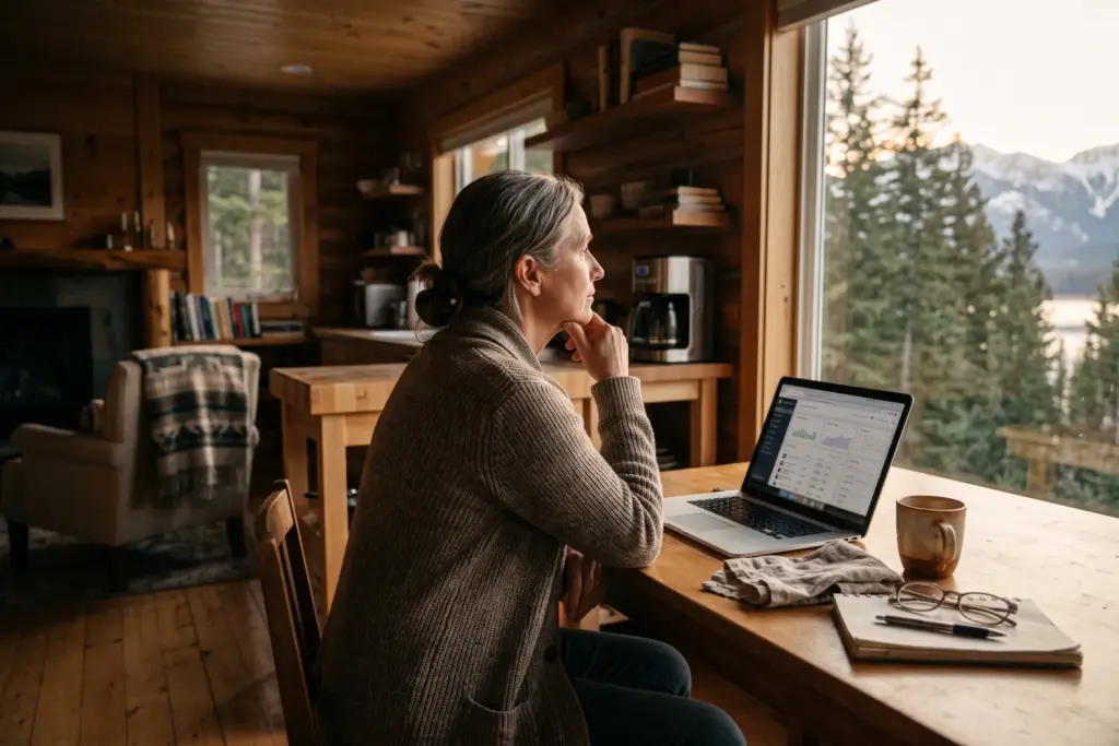 Short-term rental host sitting at kitchen table in vacation property looking out window, contemplating hosting burnout