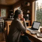 Short-term rental host sitting at kitchen table in vacation property looking out window, contemplating hosting burnout