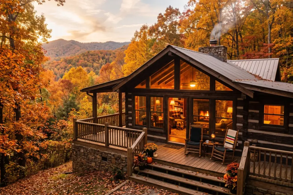 Cozy rustic mountain cabin in the Smoky Mountains at golden hour, fall foliage, inviting front porch, featured image for Airbnb minimum nights holiday season guide