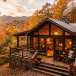 Cozy rustic mountain cabin in the Smoky Mountains at golden hour, fall foliage, inviting front porch, featured image for Airbnb minimum nights holiday season guide