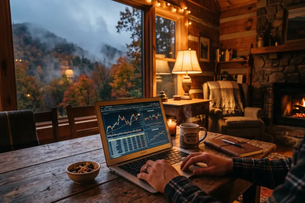 STR investor reviewing revenue data at a cozy mountain cabin desk