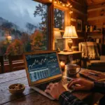 STR investor reviewing revenue data at a cozy mountain cabin desk