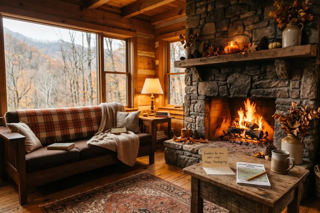 Warm cabin living room with glowing fireplace and Thanksgiving welcome details for Airbnb guests