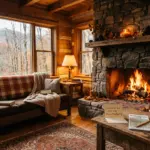 Warm cabin living room with glowing fireplace and Thanksgiving welcome details for Airbnb guests