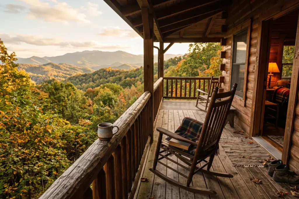 A warm vacation rental cabin porch with rocking chair overlooking mountain forest views at golden hour