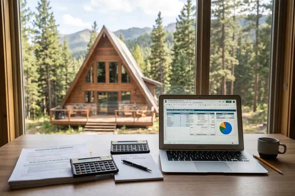 Mortgage documents and loan comparison spreadsheet with a mountain cabin vacation rental visible through office windows