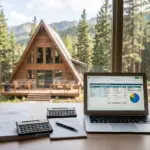 Mortgage documents and loan comparison spreadsheet with a mountain cabin vacation rental visible through office windows
