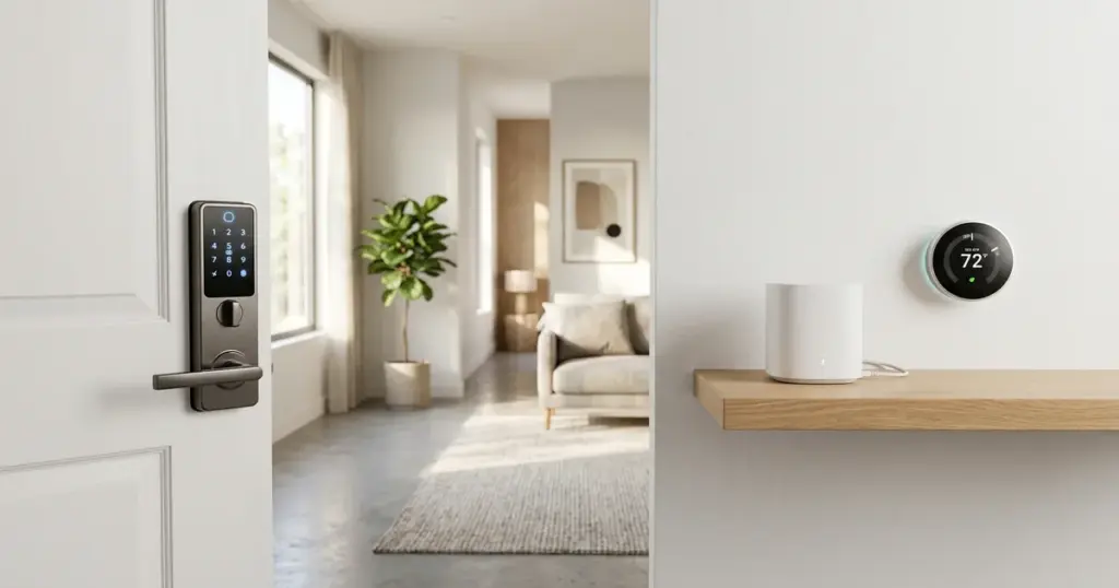 Smart home devices for short-term rental hosts: smart lock, mesh Wi-Fi router, and smart thermostat in a modern interior