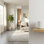 Smart home devices for short-term rental hosts: smart lock, mesh Wi-Fi router, and smart thermostat in a modern interior