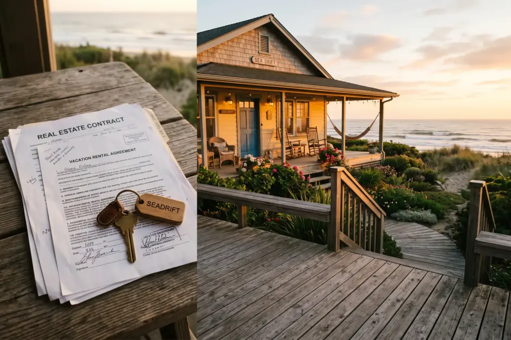 A vacation rental cottage exterior with sale paperwork in the foreground, illustrating the risks of buying an existing Airbnb property