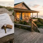A vacation rental cottage exterior with sale paperwork in the foreground, illustrating the risks of buying an existing Airbnb property