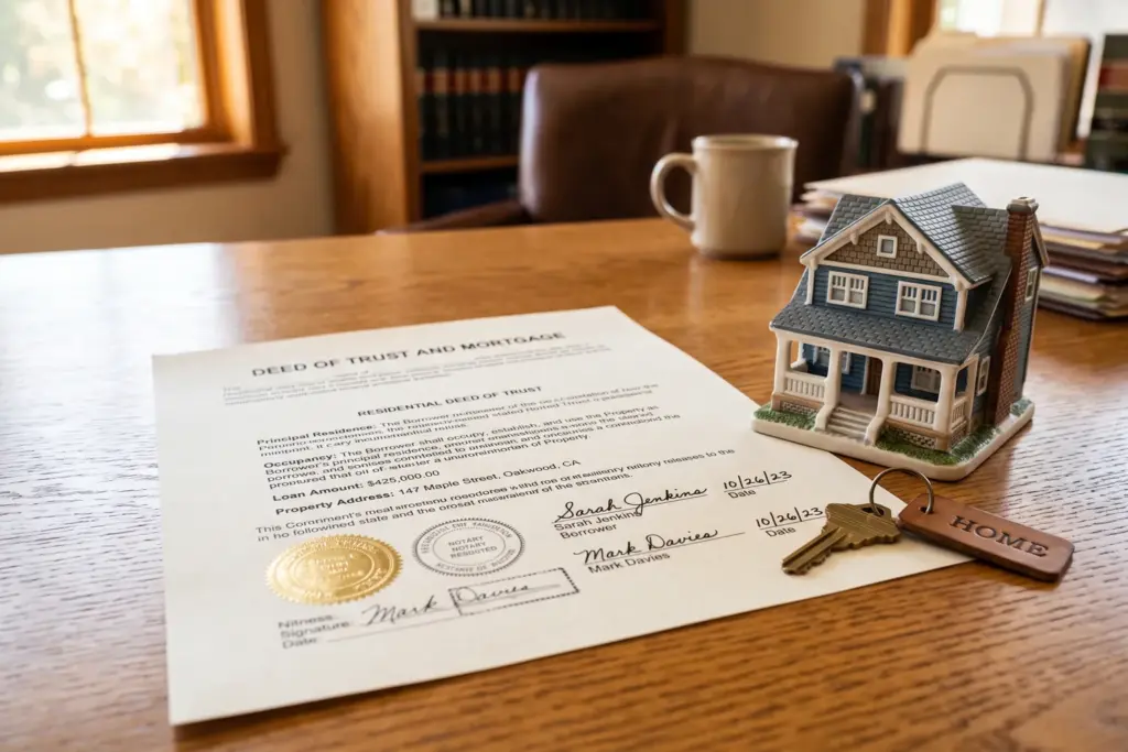 Mortgage document and house key representing owner-occupancy covenant risks for Airbnb hosts