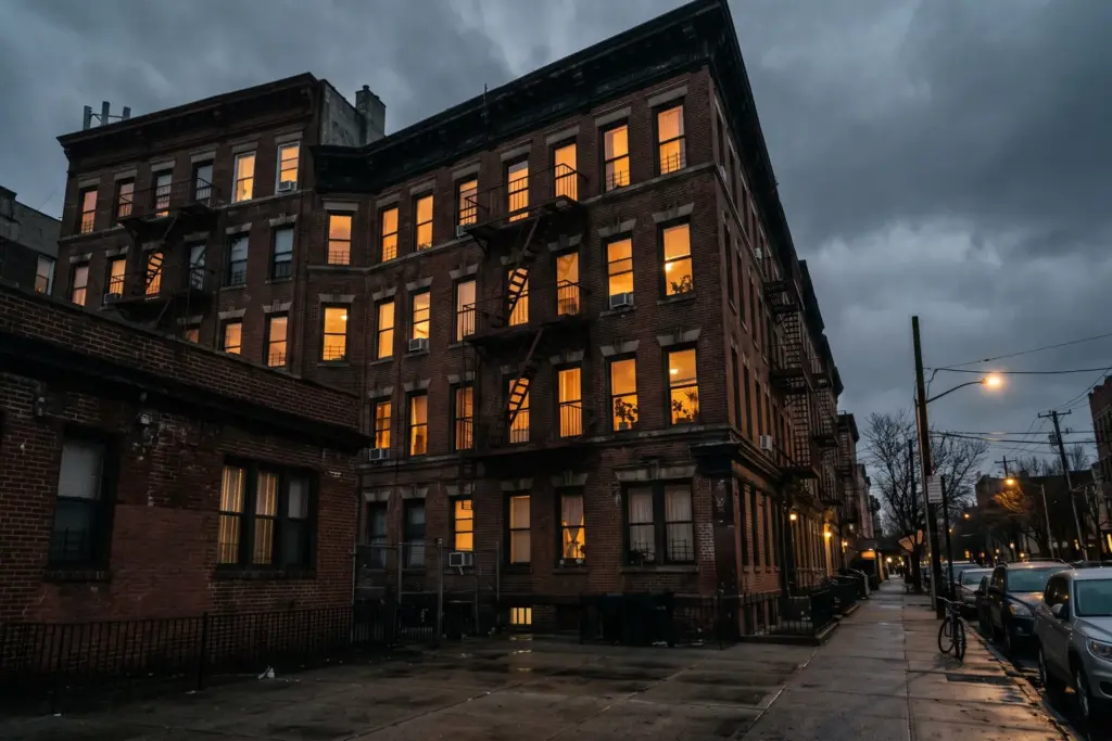Urban apartment building at dusk with multiple lit windows, illustrating commercial ghost hotel operations on Airbnb