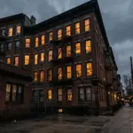 Urban apartment building at dusk with multiple lit windows, illustrating commercial ghost hotel operations on Airbnb