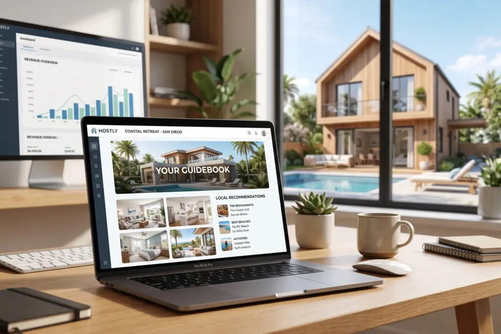 Hostfully property management software interface showing digital guidebook builder for STR hosts