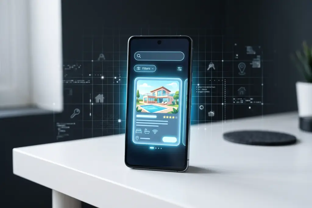 Smartphone displaying Airbnb search interface with AI listing highlights representing the 2026 algorithm update