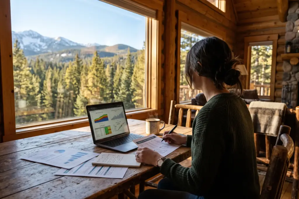 Investor reviewing STR market data and property documents at a cabin table with mountain view