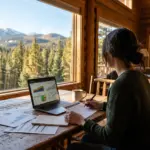 Investor reviewing STR market data and property documents at a cabin table with mountain view