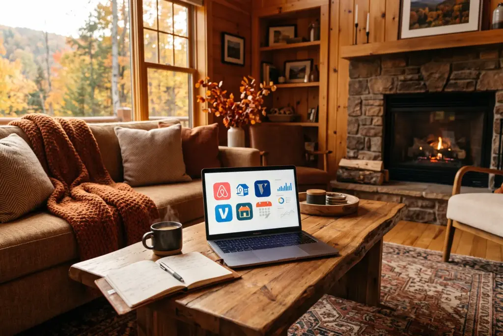 STR investor reviewing multi-platform booking strategy on laptop in cozy cabin