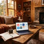 STR investor reviewing multi-platform booking strategy on laptop in cozy cabin
