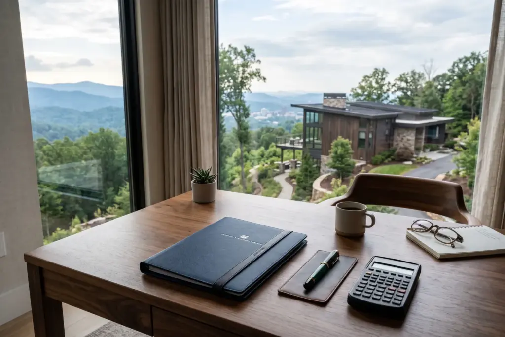 Retirement account paperwork on a desk near a vacation rental property