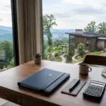 Retirement account paperwork on a desk near a vacation rental property