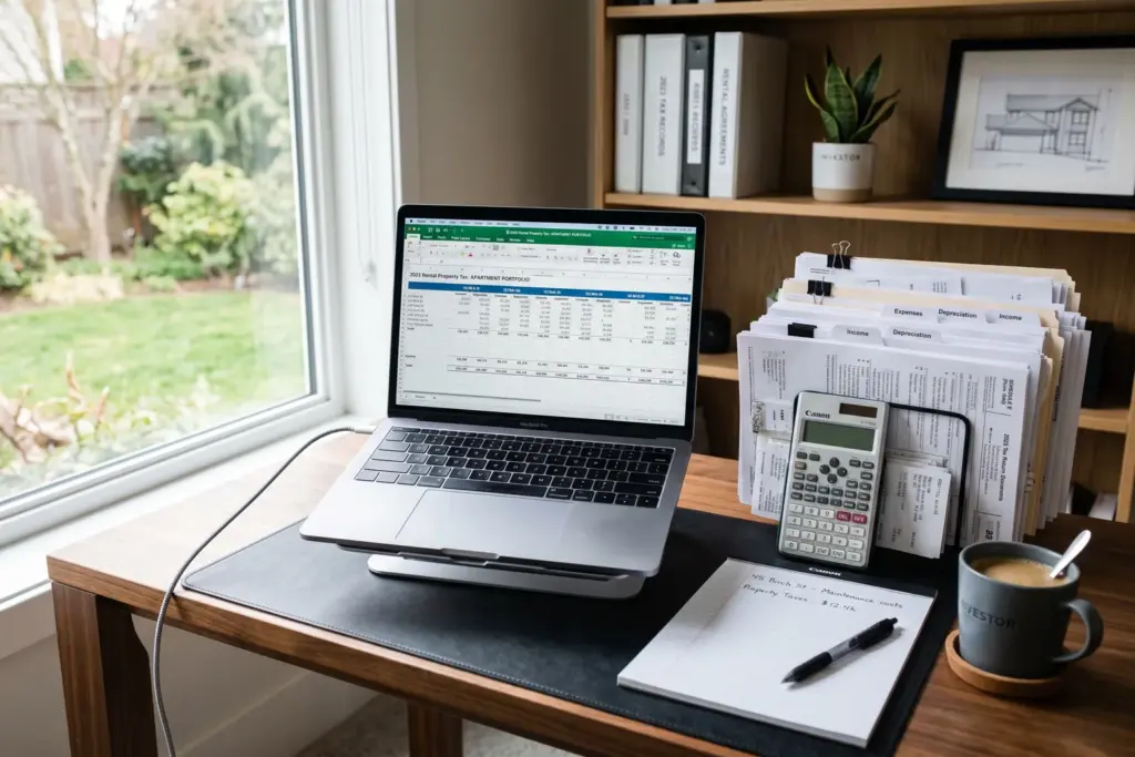 Home office desk with tax documents, calculator, and laptop showing financial spreadsheets for short-term rental accounting setup