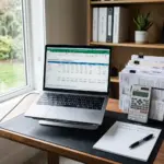Home office desk with tax documents, calculator, and laptop showing financial spreadsheets for short-term rental accounting setup