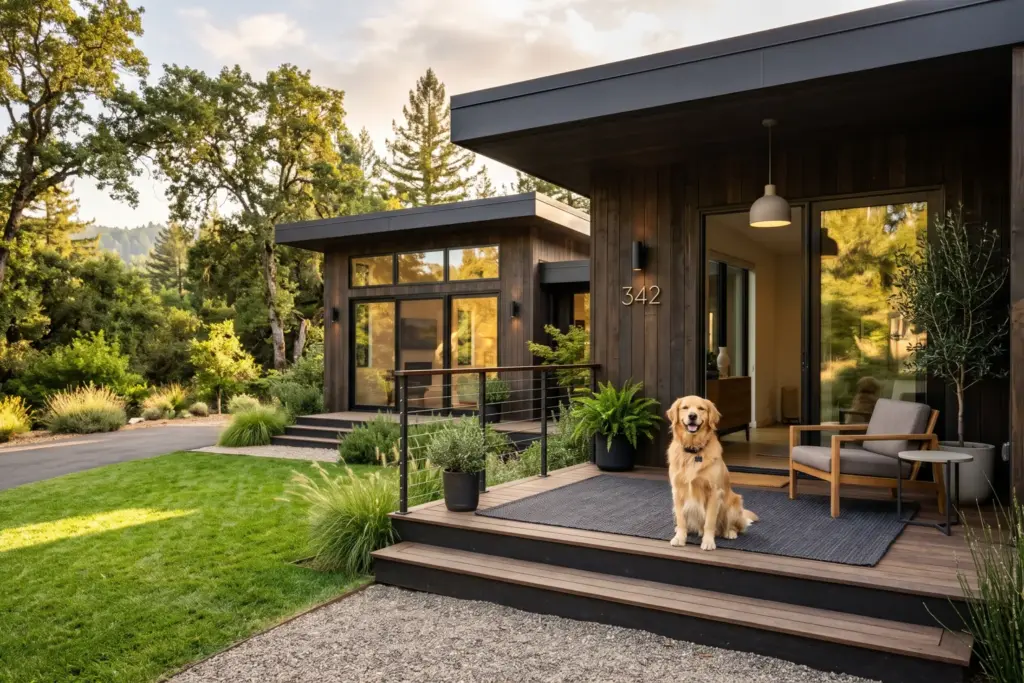 Dog sitting on vacation rental porch representing pet-friendly short term rental policy guide