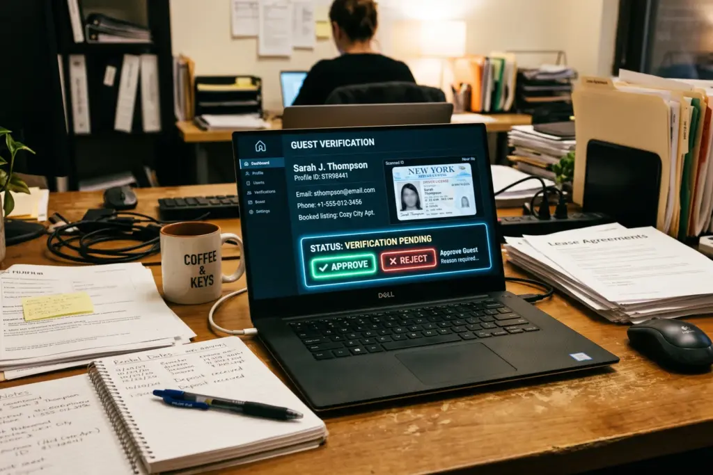 Laptop showing guest verification screening dashboard for short-term rental hosts