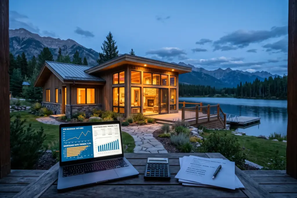 Mountain cabin STR property at dusk representing vacation rental investing analysis in high interest rate environment