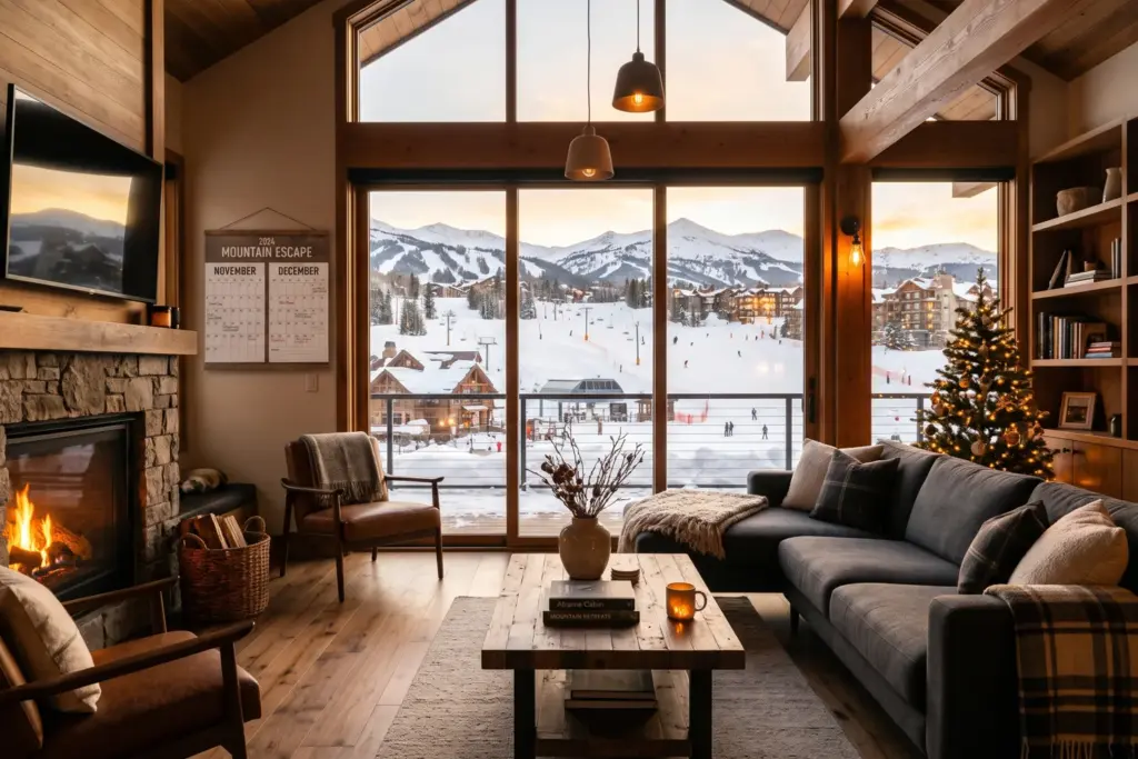 Mountain ski cabin at golden hour with snowy December view illustrating experienced STR investor holiday season strategy