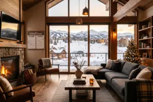 Mountain ski cabin at golden hour with snowy December view illustrating experienced STR investor holiday season strategy