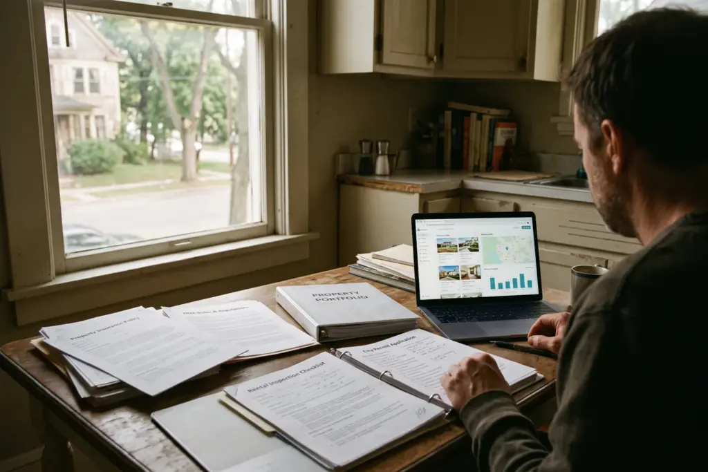 Investor reviewing STR property documents including insurance forms and HOA paperwork