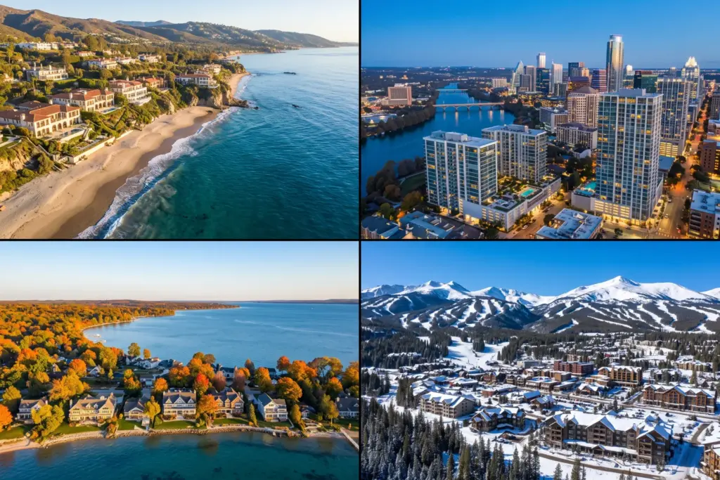 STR market performance Q3 2026 showing Santa Barbara, Austin, Traverse City, and Breckenridge aerial real estate views