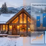 Ski chalet in early winter with data charts showing Thanksgiving STR occupancy spikes by market type