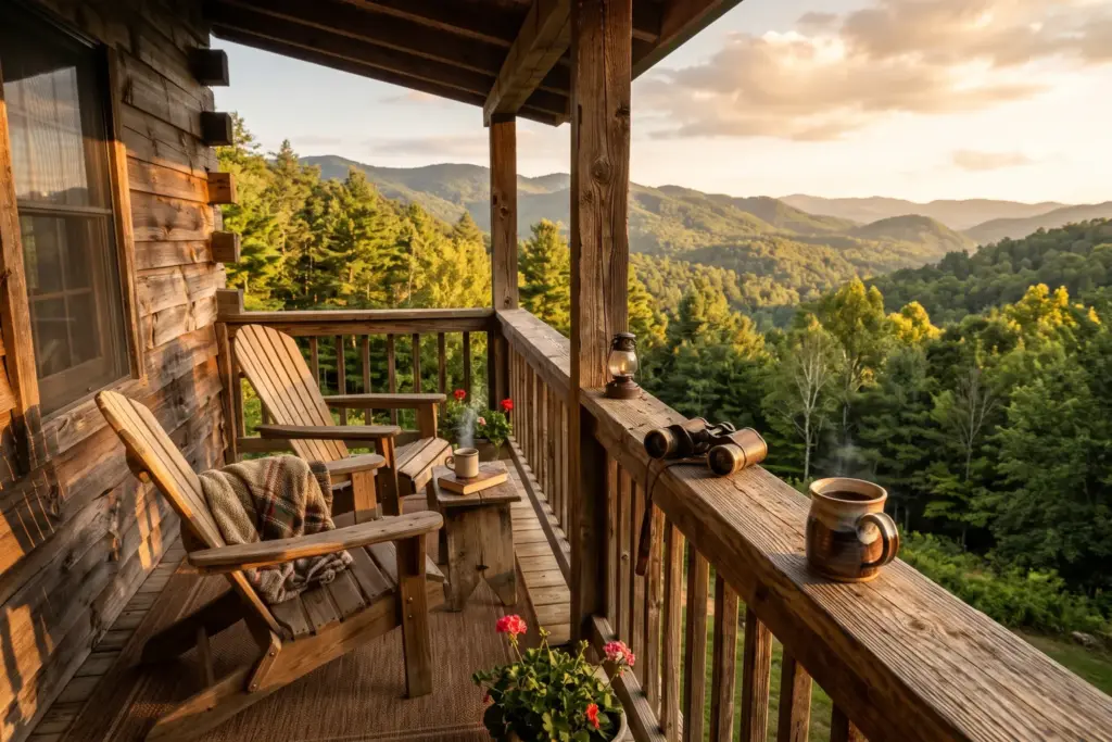 A warm vacation rental cabin porch at golden hour in a mountain setting, representing vacation rental investing for buyers over 50