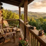 A warm vacation rental cabin porch at golden hour in a mountain setting, representing vacation rental investing for buyers over 50