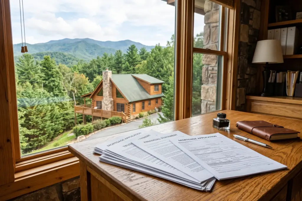 Mortgage documents and financing paperwork on a desk with a mountain cabin vacation rental visible through the window