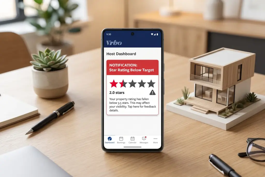 Vrbo host dashboard with star rating warning notification on smartphone screen